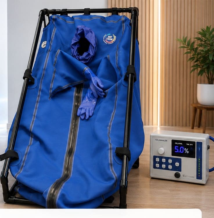 The BodyStream Sauna — a blue inflatable CO2 chamber on a sturdy frame beside its control unit