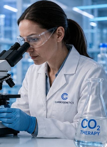 A Carbogenetics researcher examining samples under a microscope in a laboratory