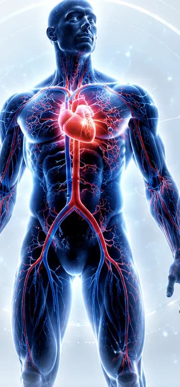 Anatomical illustration of the human cardiovascular system, heart highlighted, showing how blood is delivered throughout the body