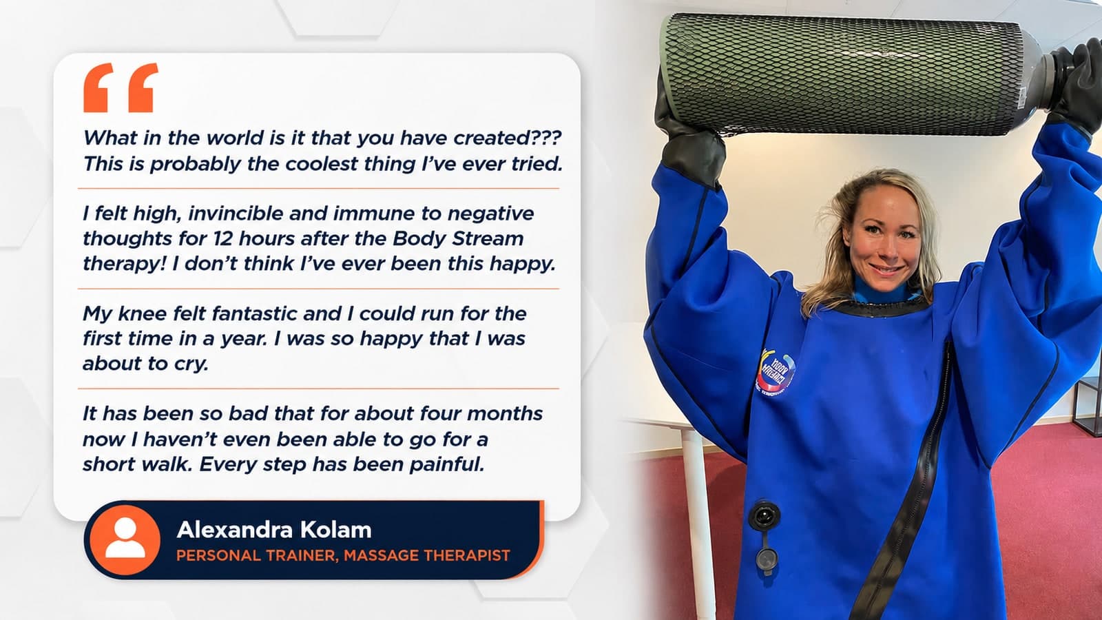 Testimonial from Alexandra Kolam, personal trainer and massage therapist, sharing her BodyStream experience
