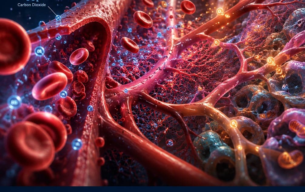 Blood vessel releasing red blood cells with oxygen and carbon dioxide molecules moving toward surrounding cells
