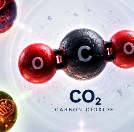 Three-dimensional model of a carbon dioxide molecule, one carbon atom bonded to two oxygen atoms