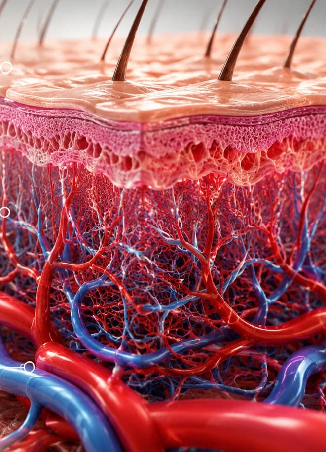 Cross-section of human skin showing the epidermis, dermis, and dense capillary network of blood vessels