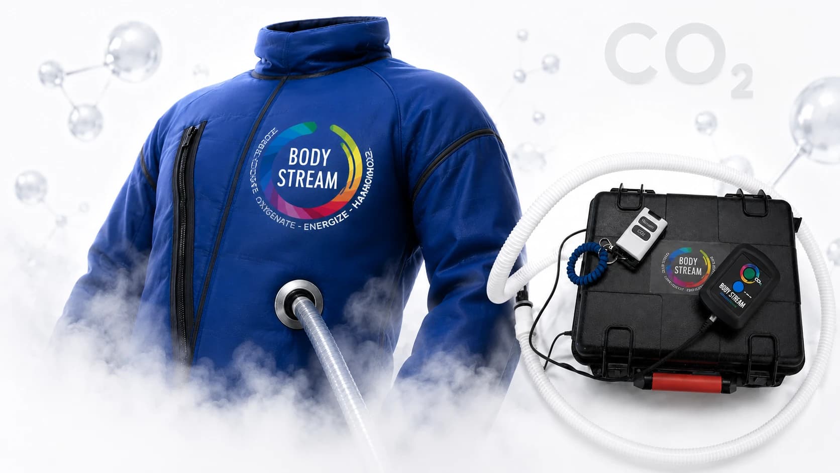 The BodyStream suit with its electronic control system, wired and wireless remotes, and connecting hose