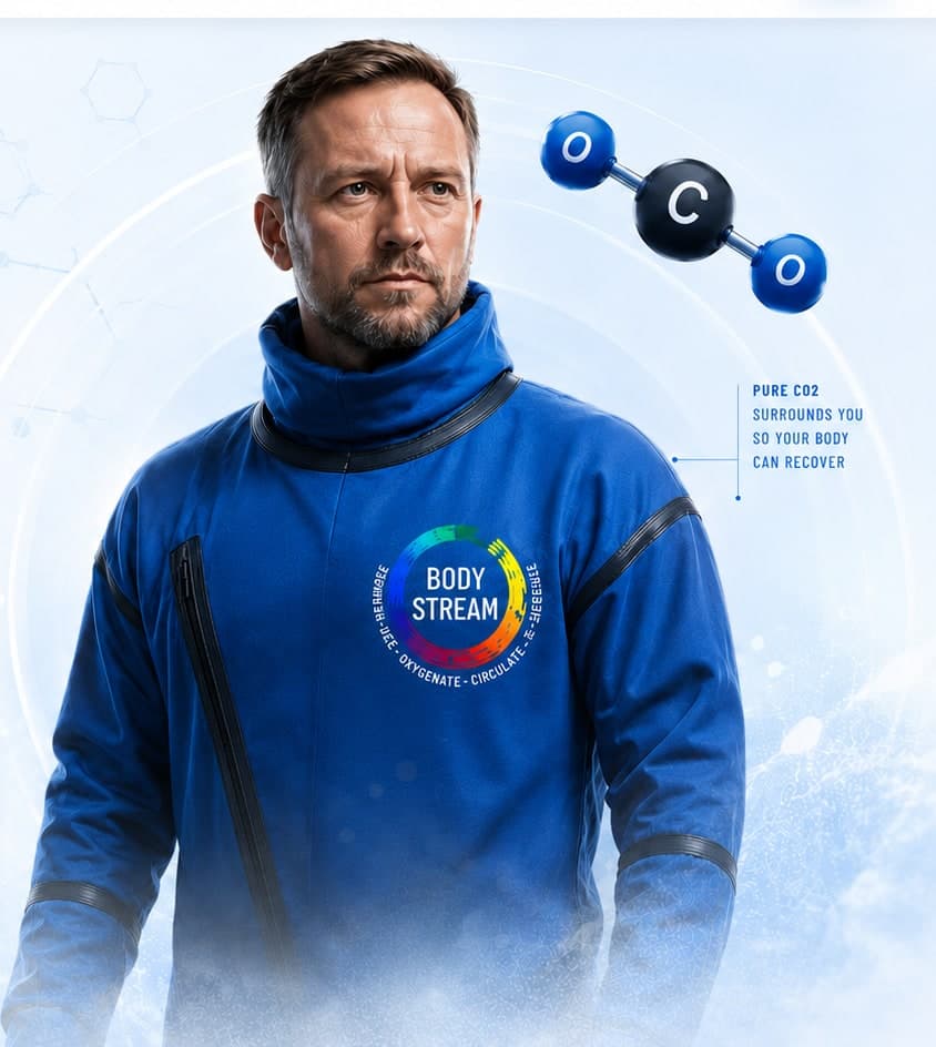 BodyStream poster visual showing a man in the blue suit with CO2 molecules