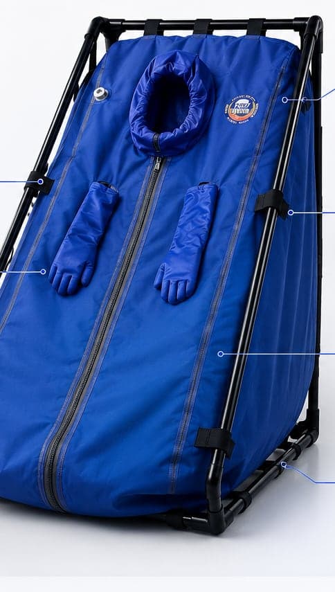 The BodyStream Sauna chamber showing the neck seal, glove ports, and zippered access