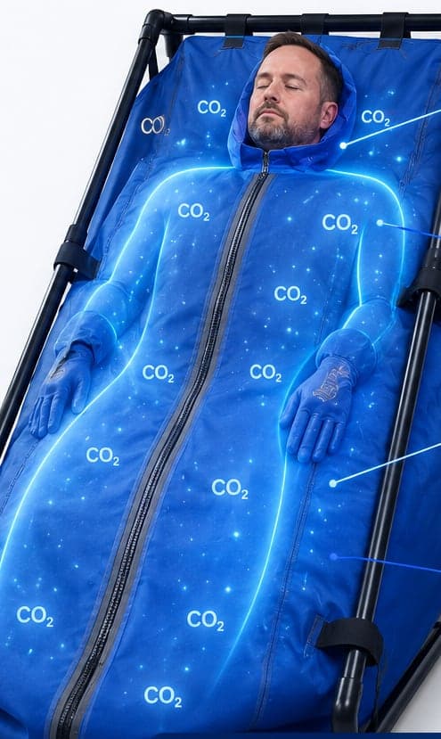A person reclining inside the BodyStream Sauna, fully enveloped in carbon dioxide from neck to toe