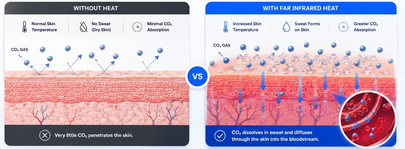 Comparison — without heat, very little CO2 penetrates the skin; with far infrared heat, CO2 dissolves in sweat and diffuses through the skin into the bloodstream