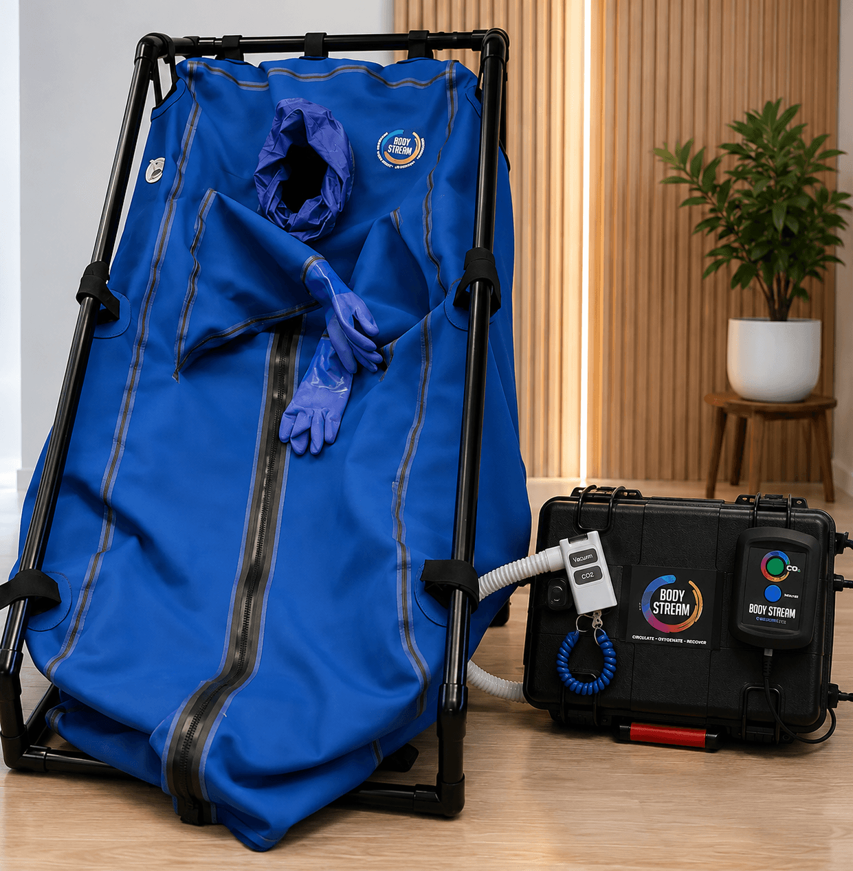 The BodyStream Sauna on its frame beside the portable CO2 control case