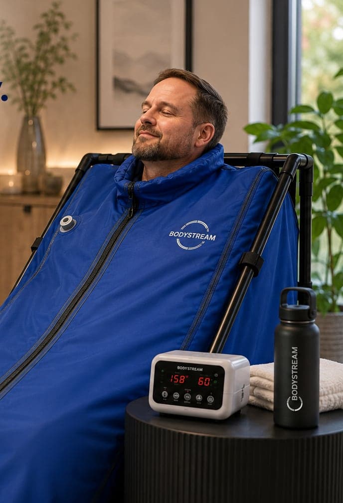 A man relaxing at home in the BodyStream Sauna with the control unit on a side table