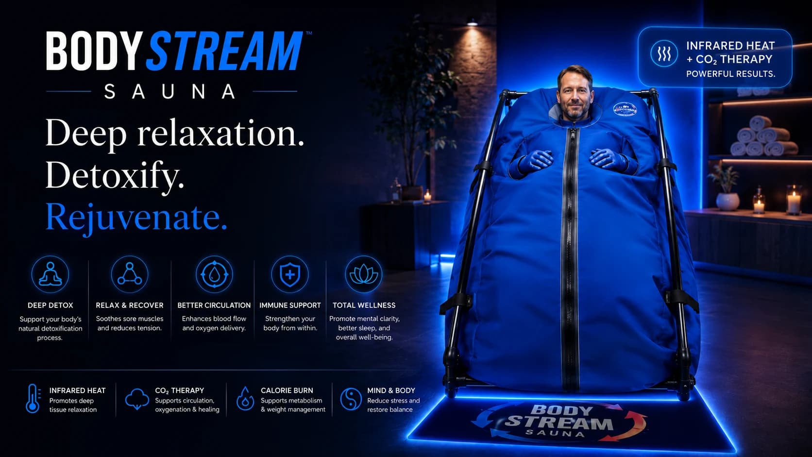 BodyStream Sauna combining infrared heat and CO2 therapy for relaxation, circulation, recovery, and wellness