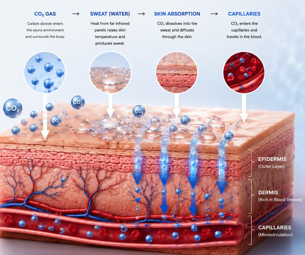Cross-section showing CO2 gas dissolving in sweat and diffusing through the epidermis and dermis into the capillaries
