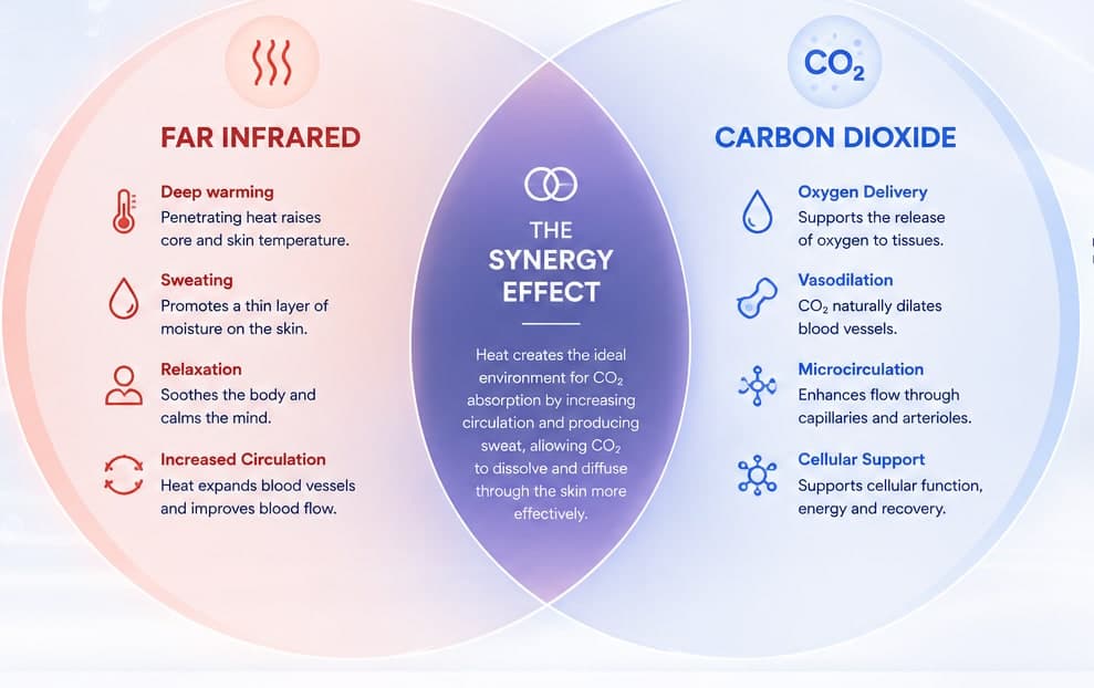 Venn diagram — far infrared (deep warming, sweating, relaxation, increased circulation) and carbon dioxide (oxygen delivery, vasodilation, microcirculation, cellular support) overlap in the synergy effect, where heat creates the ideal environment for CO2 to dissolve and diffuse through the skin