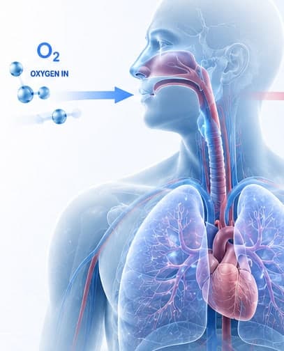 Anatomical view of the human respiratory system showing oxygen entering and carbon dioxide leaving the lungs