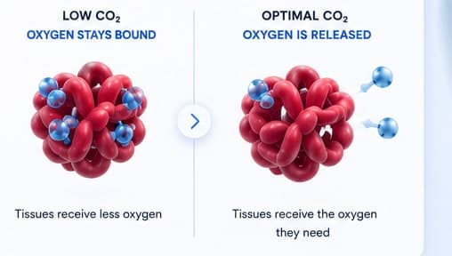 Bohr effect comparison: at low CO2, oxygen stays bound to hemoglobin and tissues receive less oxygen; at optimal CO2, oxygen is released and tissues receive the oxygen they need