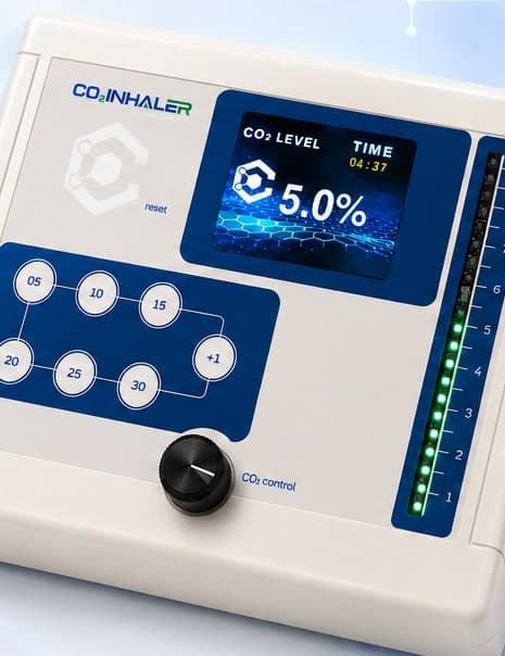The CO2inhaler device showing a 5.0% CO2 level readout, preset controls, and an LED level bar