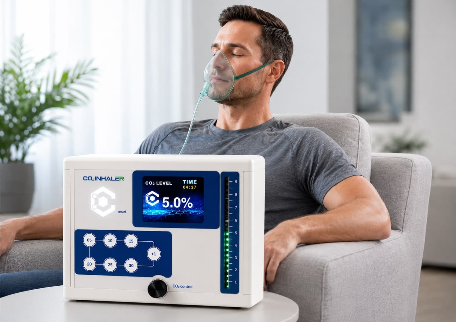 A man relaxing on a couch using the CO2inhaler, with the device showing a 5.0% CO2 level