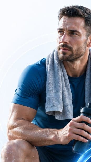 An athlete resting with a towel and water bottle after a workout