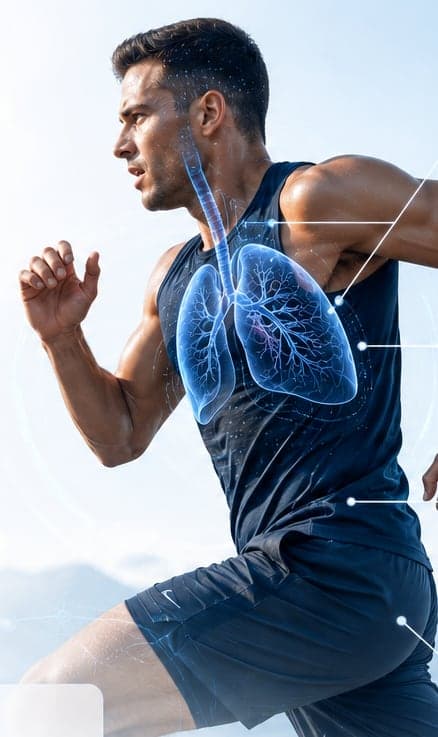 An athlete sprinting with an illustrated overlay of the lungs, highlighting oxygen use during exertion