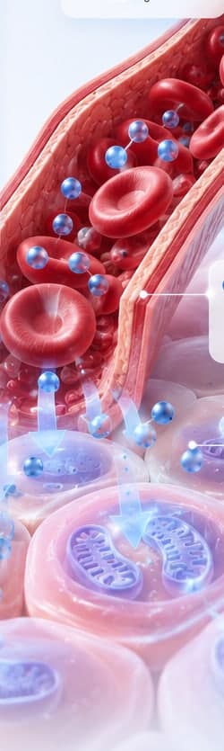Cross-section of a blood vessel releasing oxygen-carrying red blood cells into surrounding tissue and mitochondria