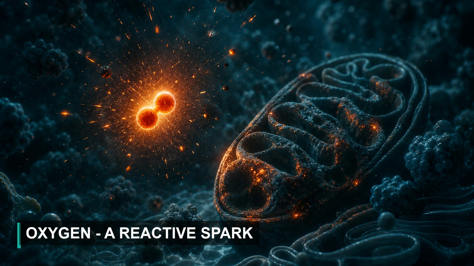 Oxygen as a reactive spark throwing off free radicals beside a mitochondrion