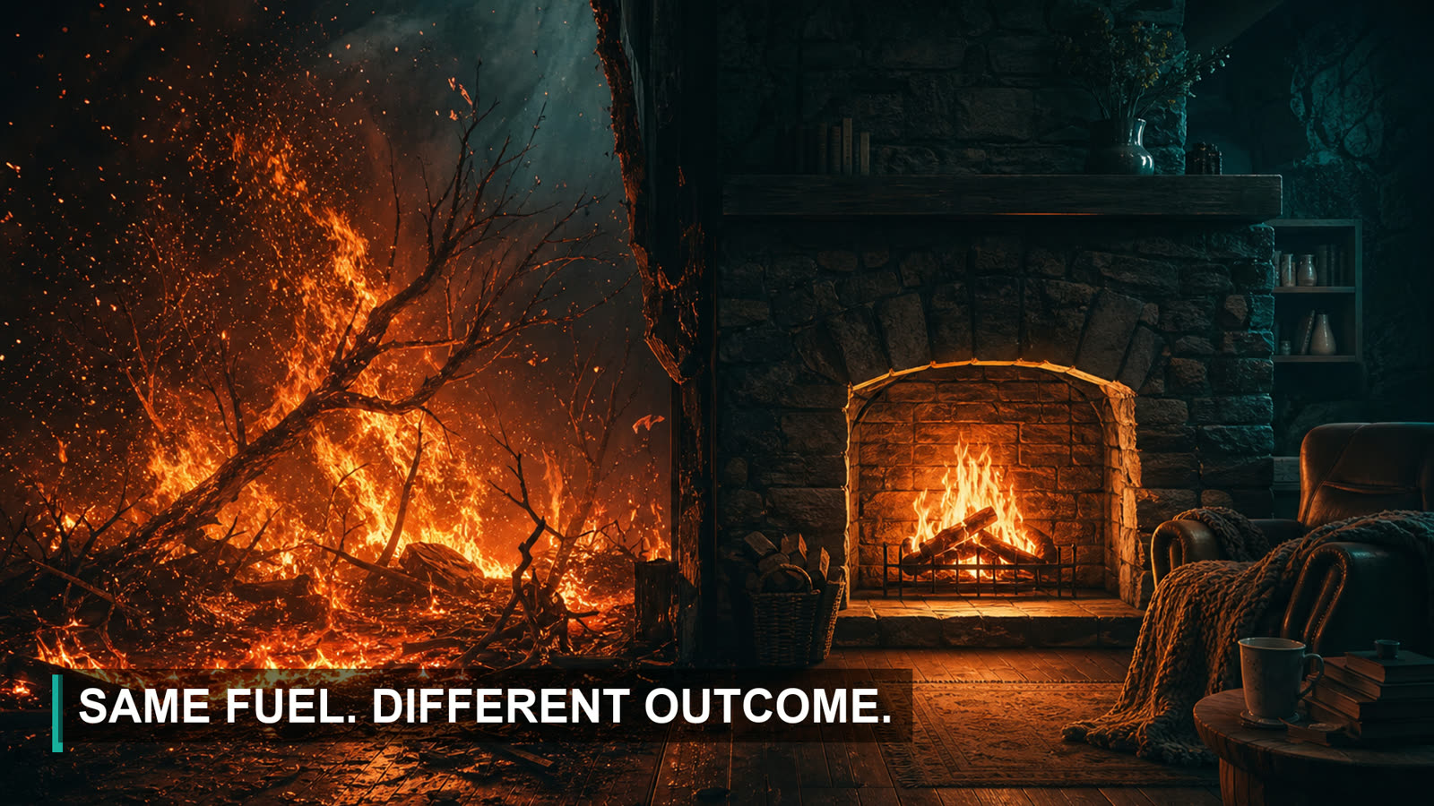 The same fire as a destructive wildfire versus a contained hearth warming a room