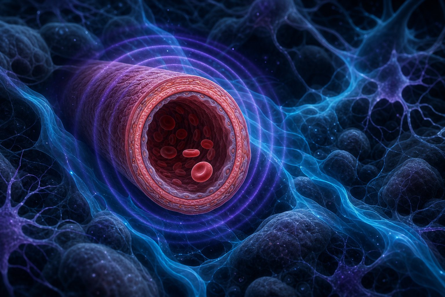 A cerebral blood vessel widening as carbon dioxide rises, with a pressure pulse travelling through the surrounding tissue