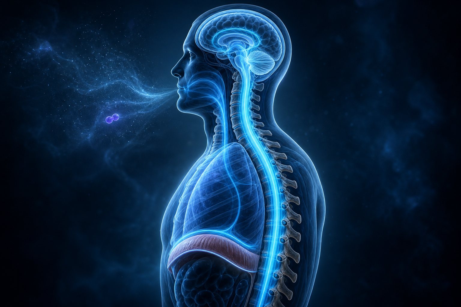 The diaphragm dropping, chest pressure falling, and cerebrospinal fluid being drawn up the spinal canal into the brain