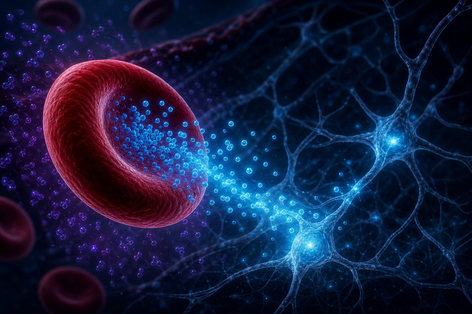 A red blood cell releasing oxygen toward neurons, the Bohr Effect in action
