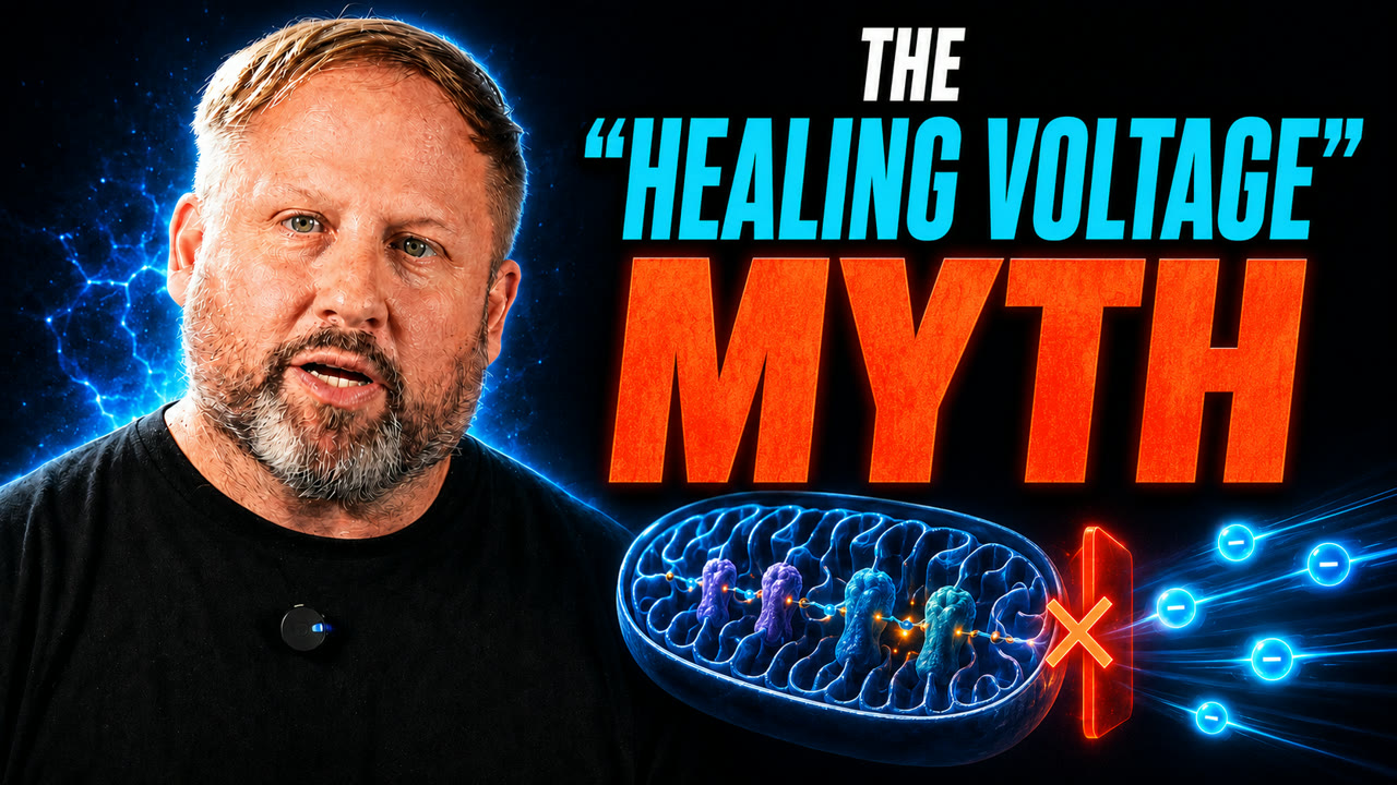 Steven Scott beside the words The Healing Voltage Myth and an illustrated mitochondrion