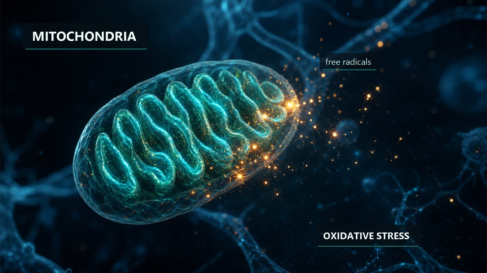 Illustration — mitochondria leaking free radicals under oxidative stress