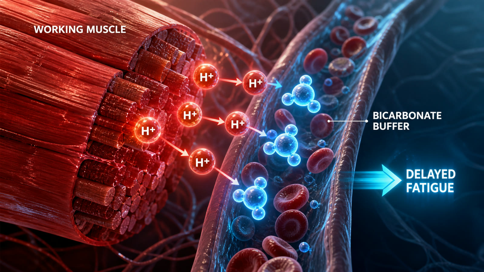 Bicarbonate buffering hydrogen ions around working muscle