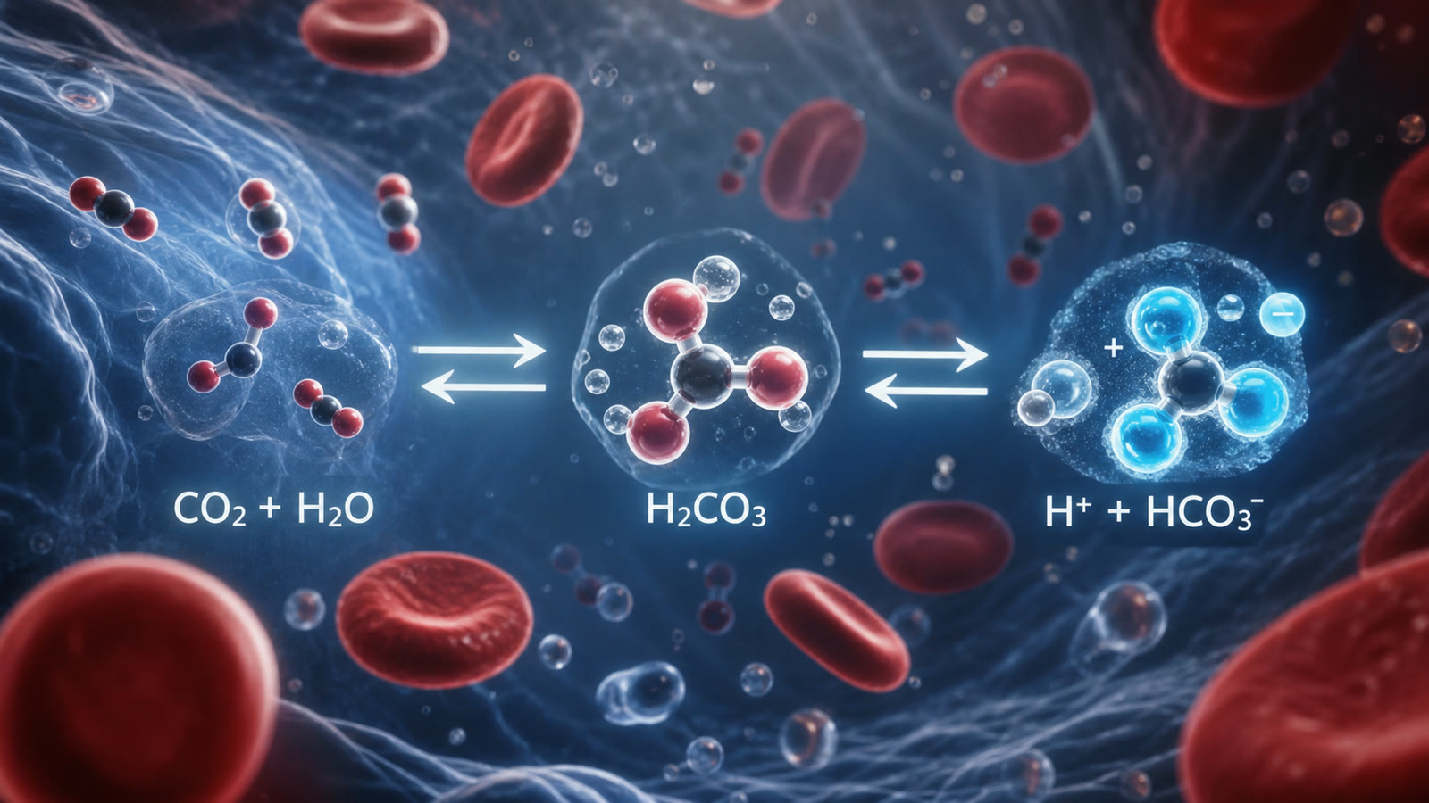 The reversible relationship between carbon dioxide, carbonic acid, hydrogen ions, and bicarbonate