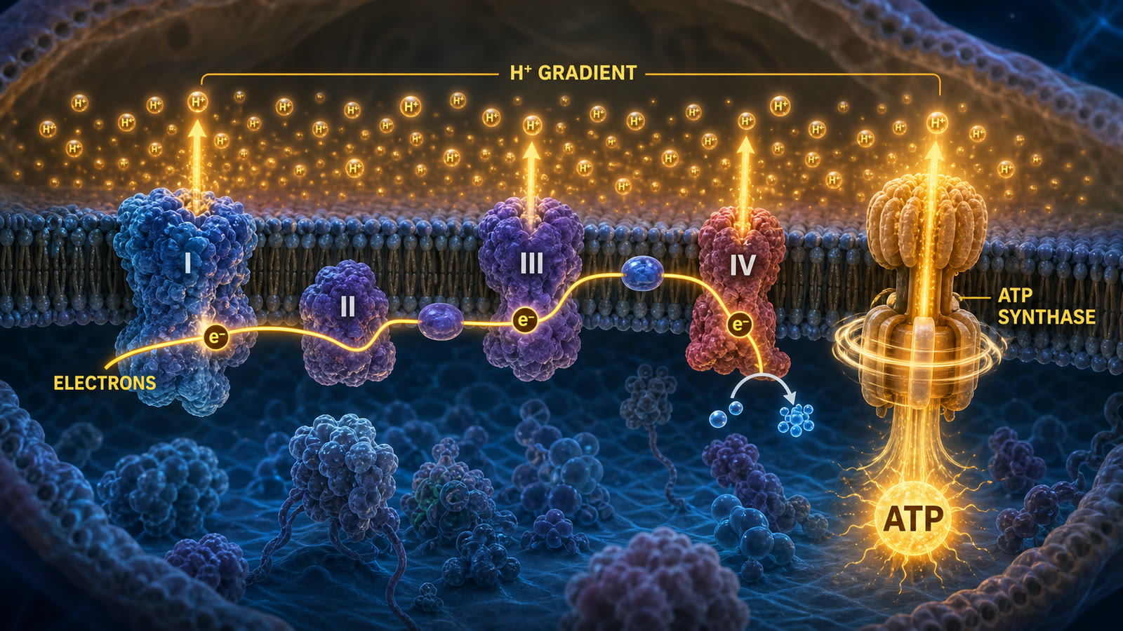 The mitochondrial electron transport chain creating a proton gradient used by ATP synthase