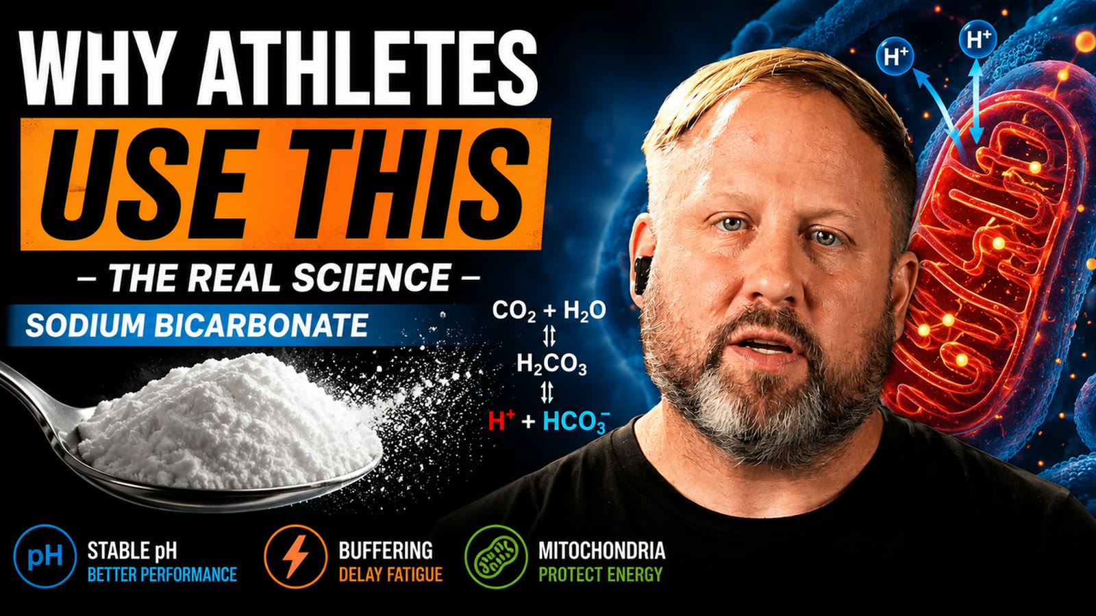 Steven Scott beside a spoon of sodium bicarbonate and an illustrated mitochondrion