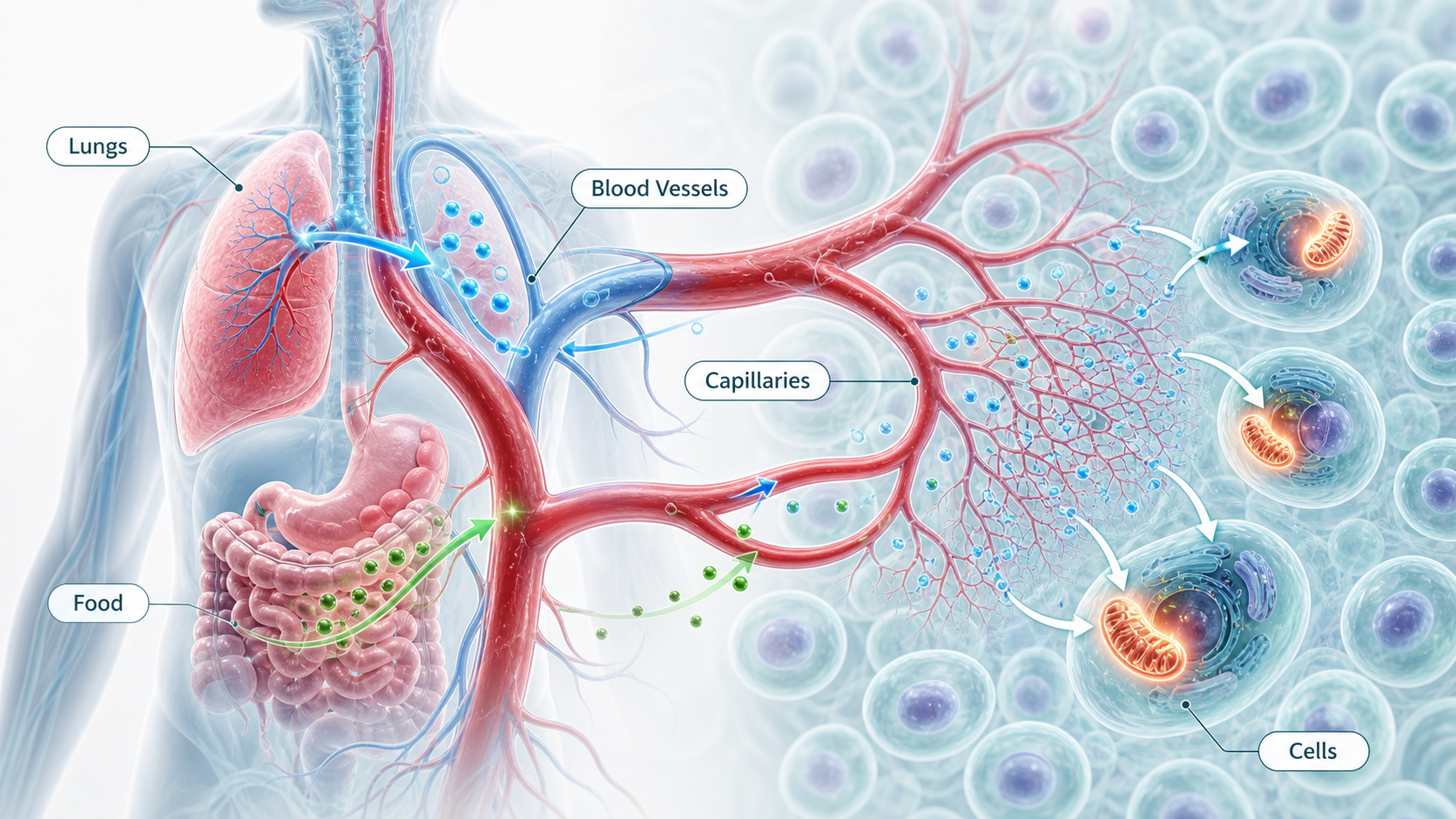 The body energy delivery network showing the seven step system from food to mitochondria