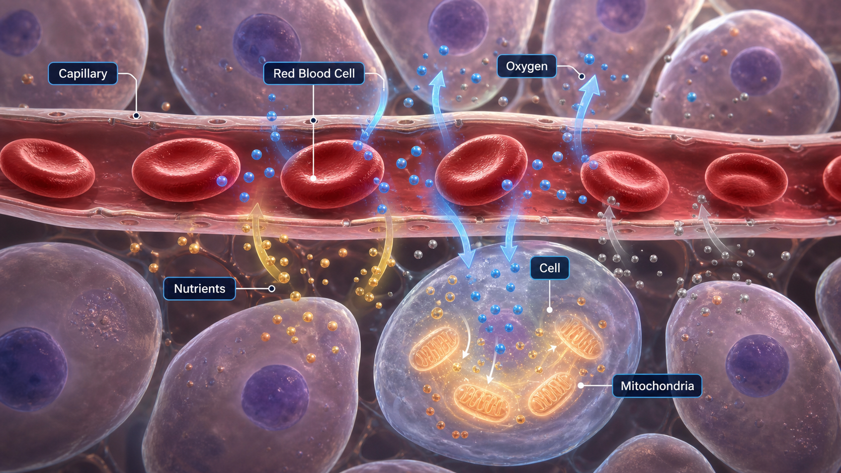Capillary exchange showing oxygen and nutrients crossing from blood into cells