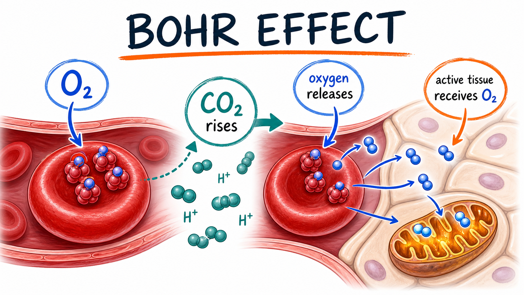 Bohr Effect diagram showing how CO2 signals hemoglobin to unload oxygen in active tissue