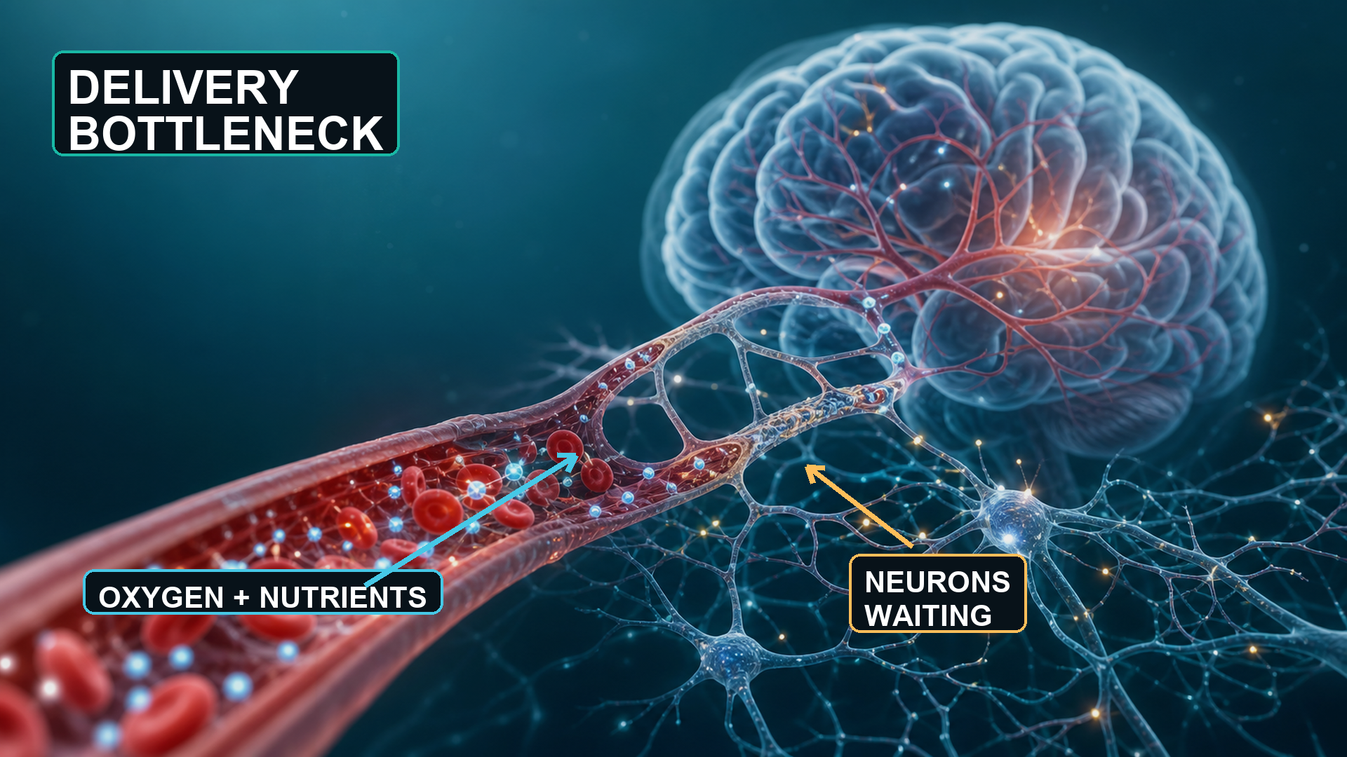 Labeled diagram of the brain's oxygen and nutrient delivery bottleneck at the capillary level