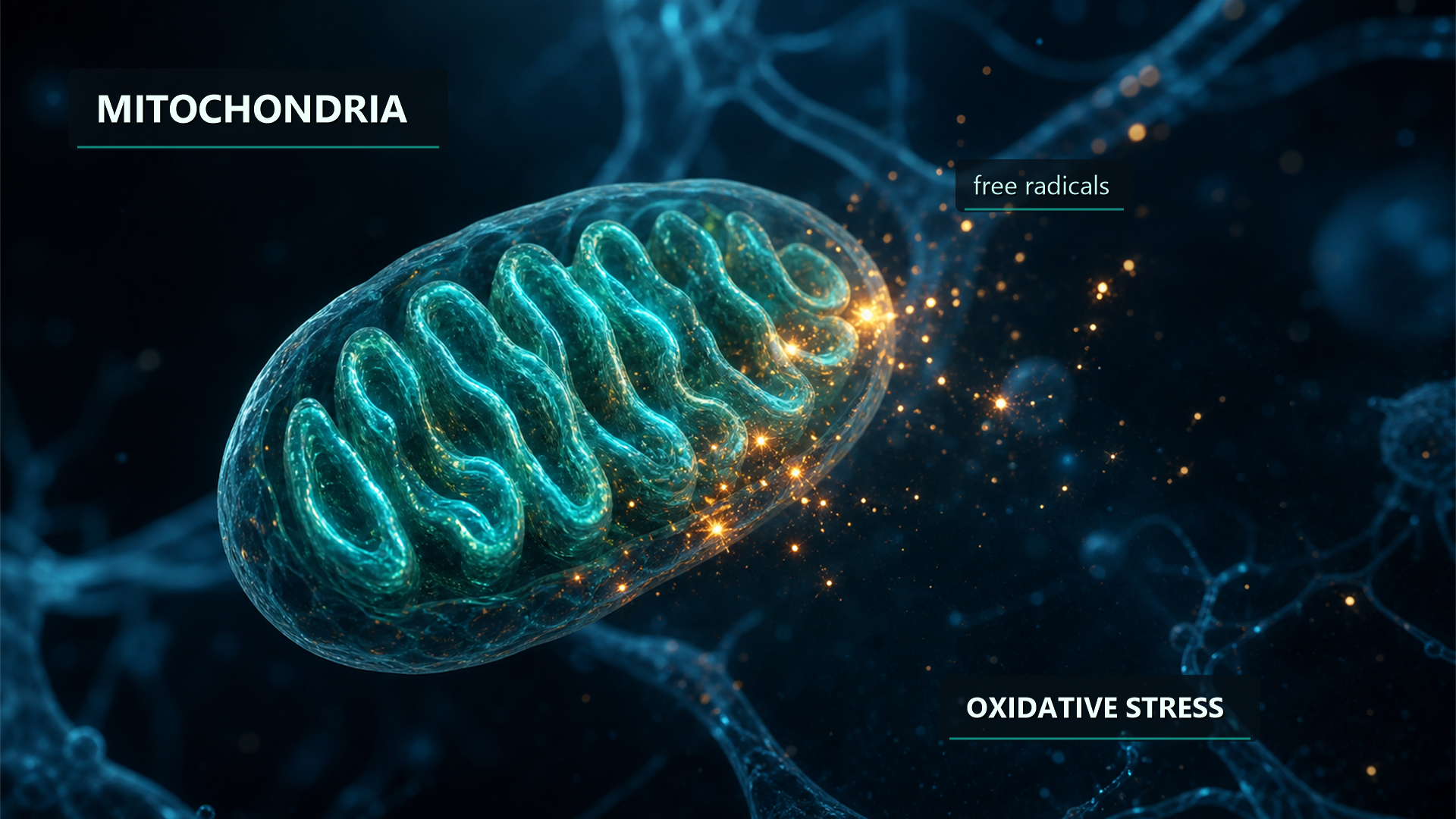 A mitochondrion leaking free radicals, or oxidative stress