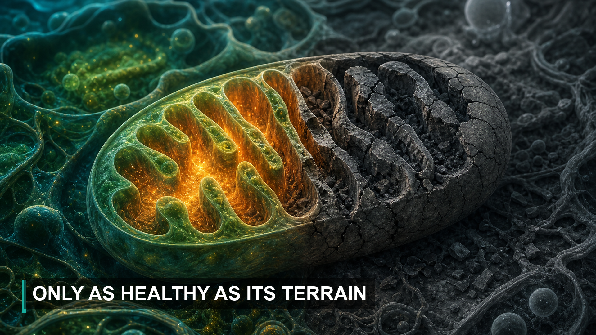 A mitochondrion half healthy and half cracked, only as healthy as its terrain