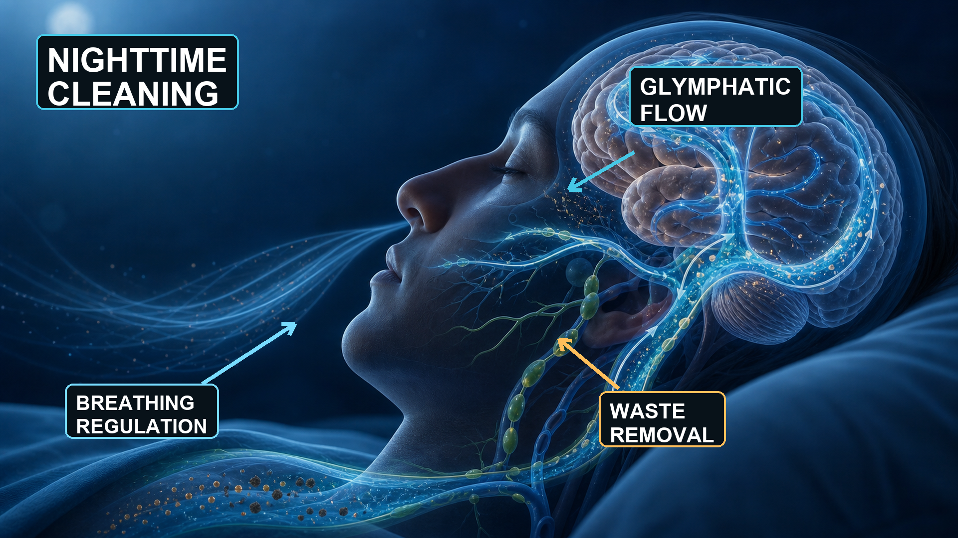 Labeled diagram of the brain's nighttime glymphatic cleaning and waste-clearance cycle