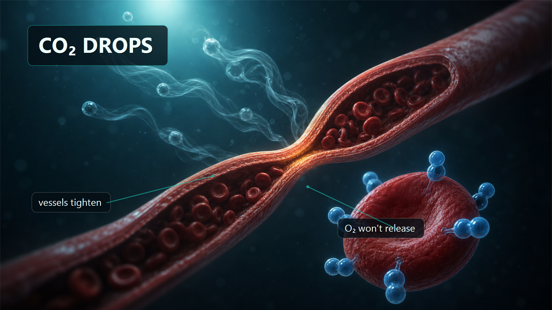 Over-breathing lowers CO2, tightening blood vessels and holding oxygen on hemoglobin
