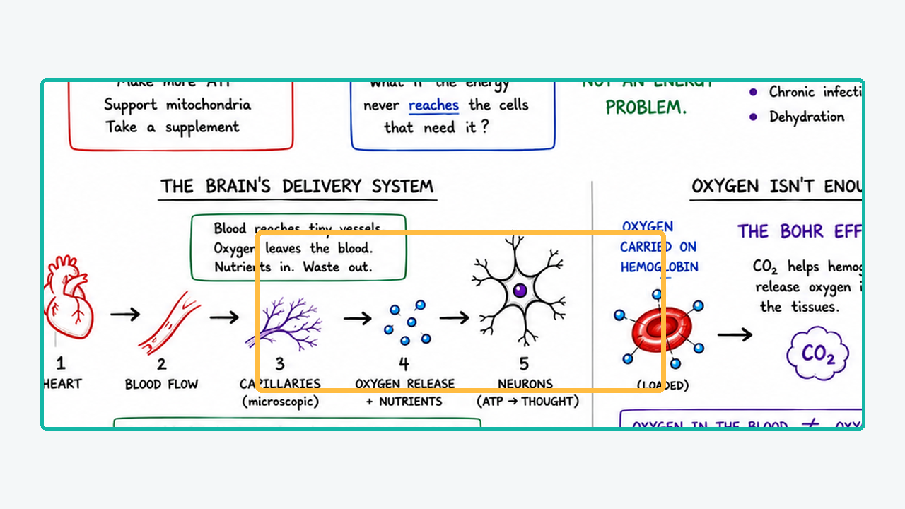 Whiteboard illustration of capillary exchange between blood and brain tissue
